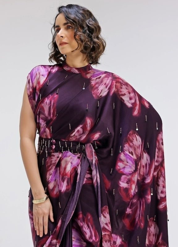 Studio Surbhi Plum Purple Printed Georgette Satin Pre-Draped SareeFabilicious Fashion