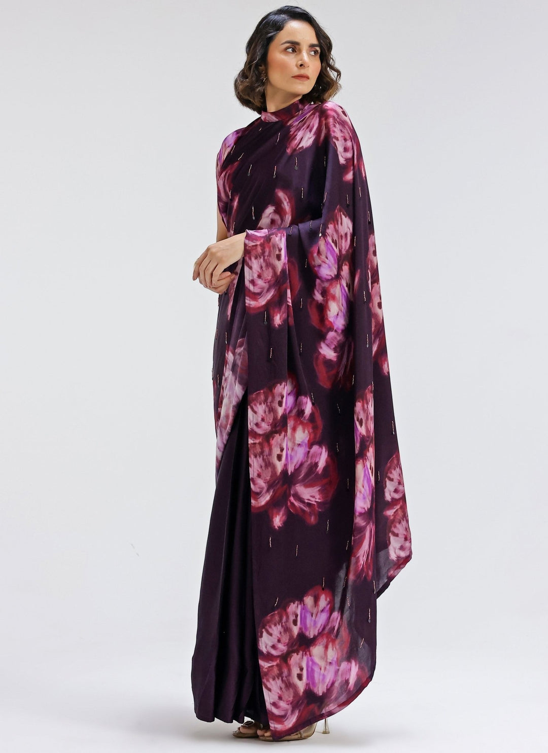 Studio Surbhi Plum Purple Printed Georgette Satin Pre-Draped SareeFabilicious Fashion