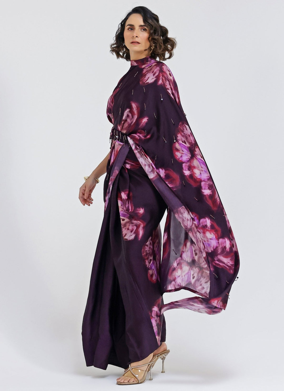 Studio Surbhi Plum Purple Printed Georgette Satin Pre-Draped SareeFabilicious Fashion