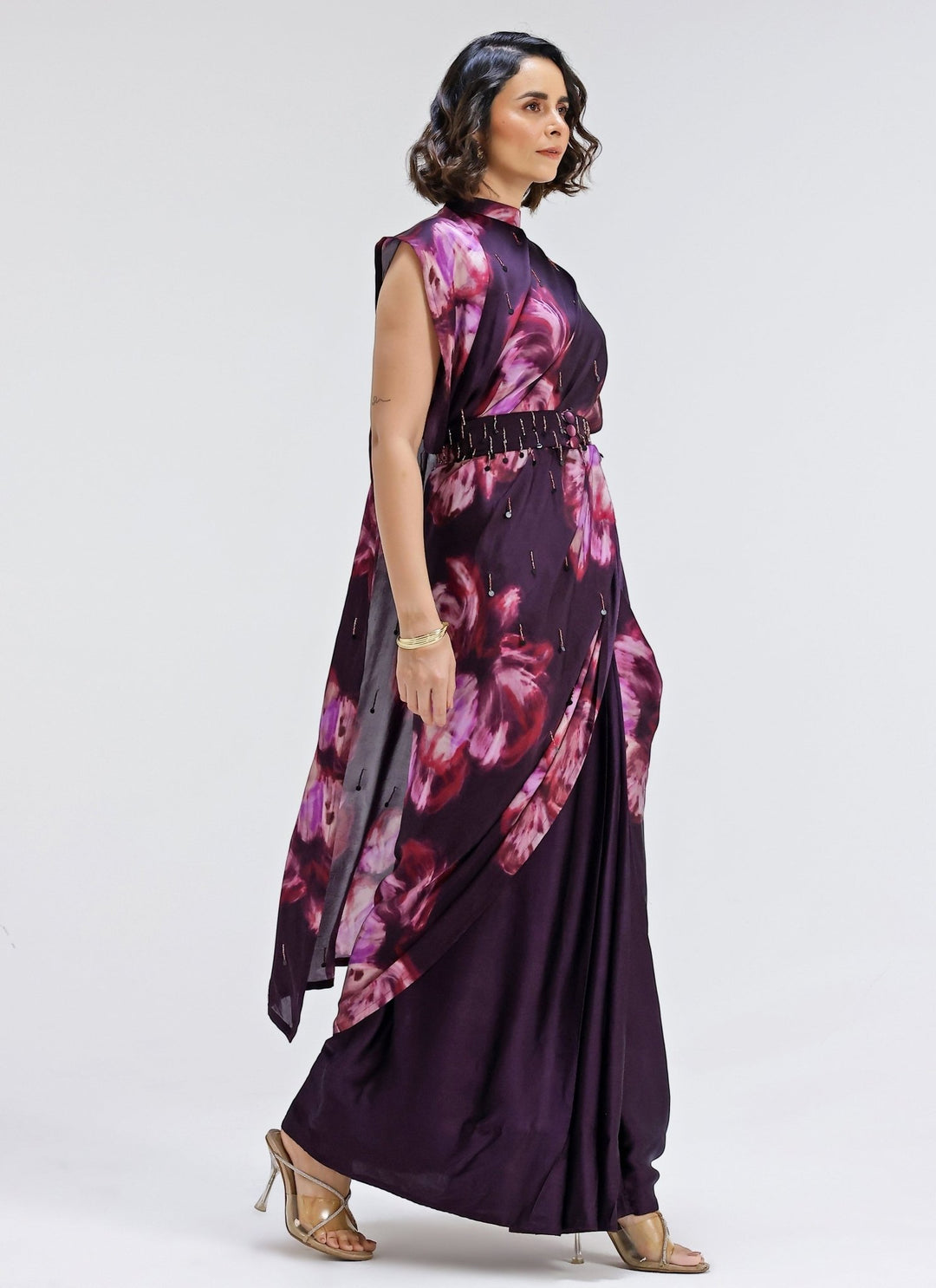 Studio Surbhi Plum Purple Printed Georgette Satin Pre-Draped SareeFabilicious Fashion