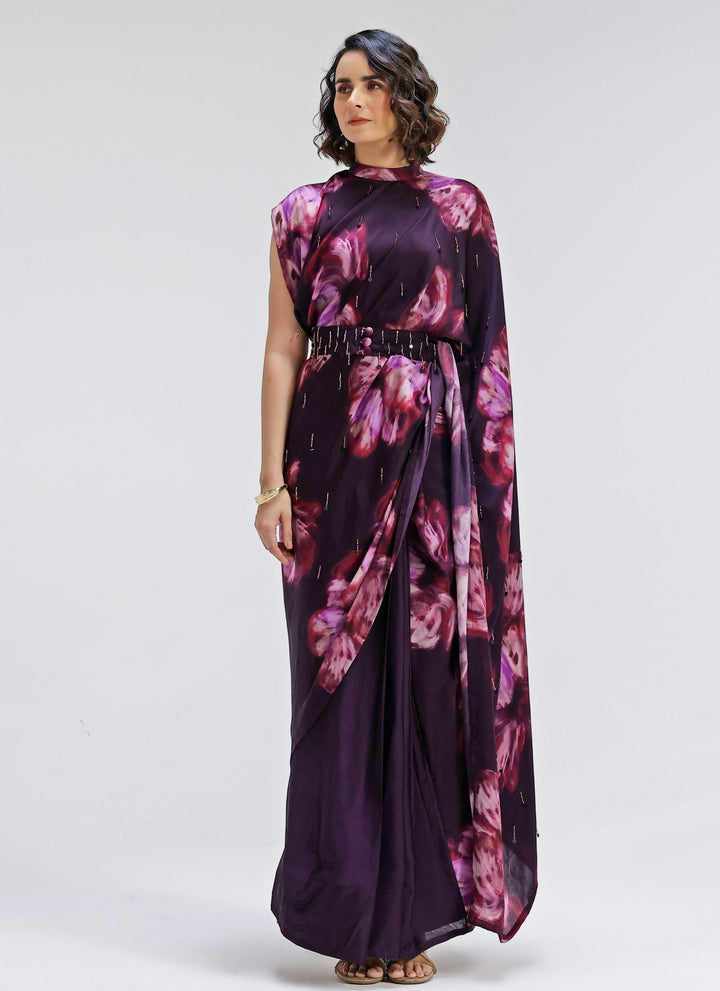 Studio Surbhi Plum Purple Printed Georgette Satin Pre-Draped SareeFabilicious Fashion