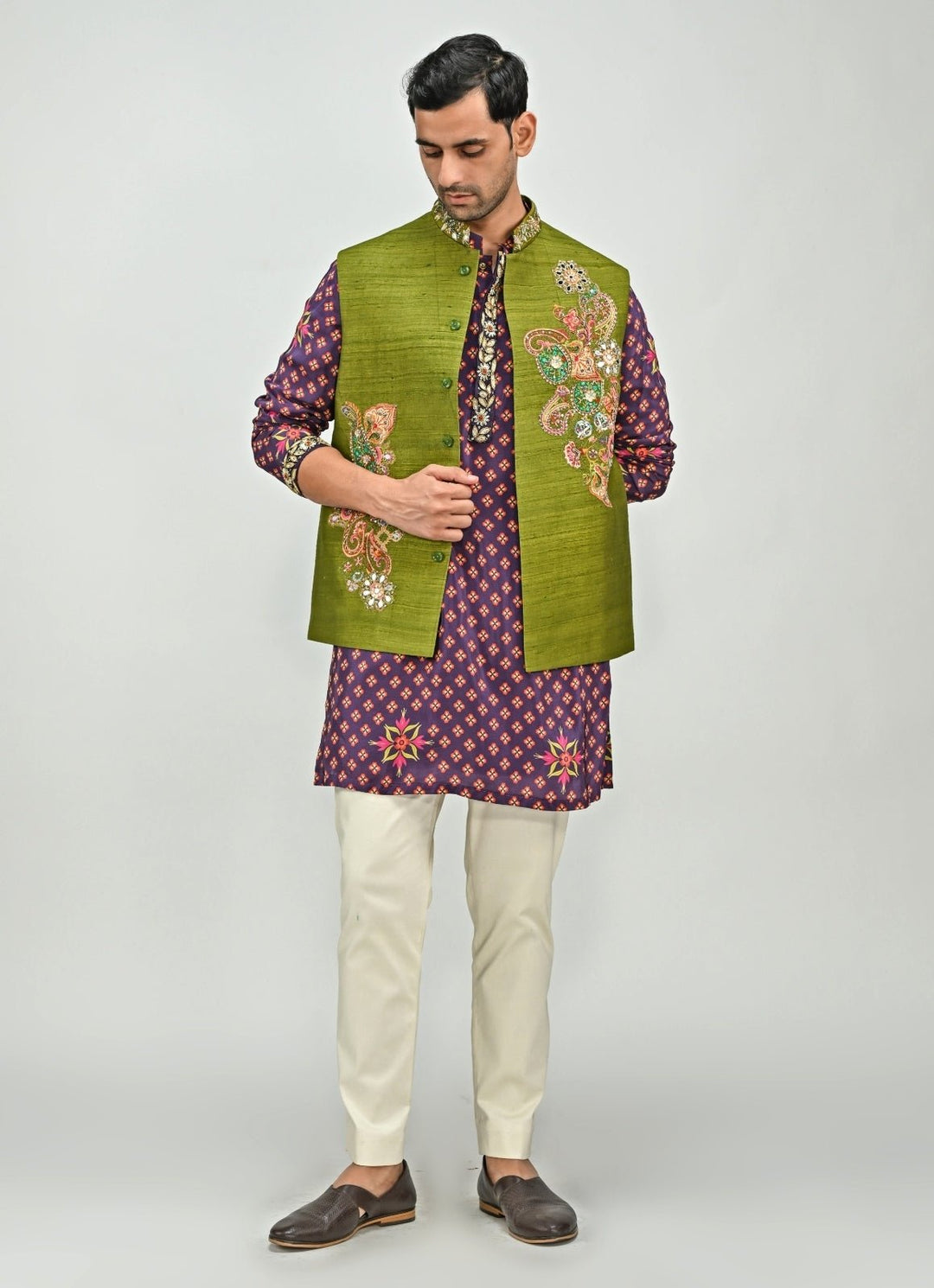 Plum Purple Printed Kurta Set with Green Jacket Set Juhi Bengani - Men - Fabilicious Fashion