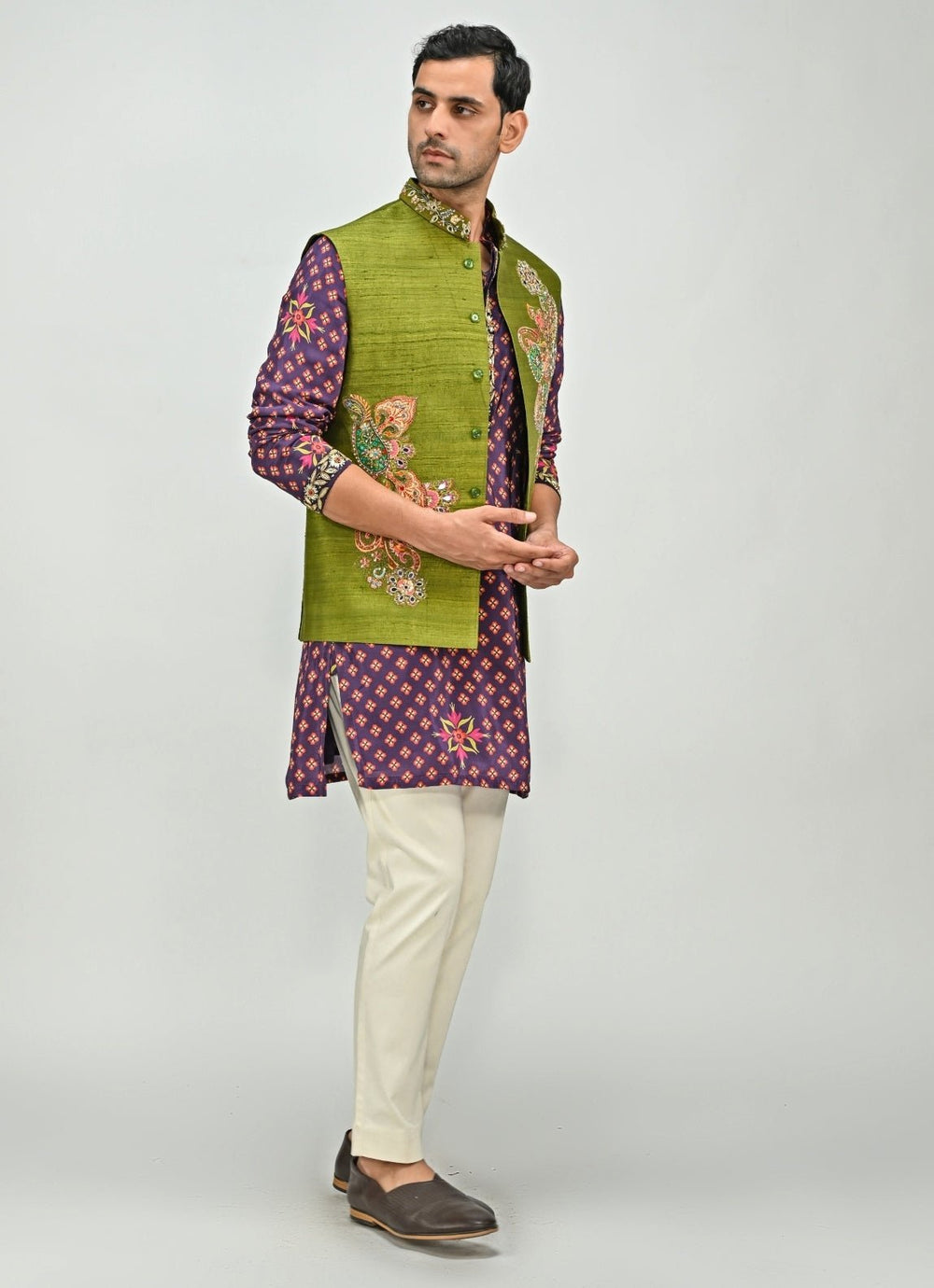 Plum Purple Printed Kurta Set with Green Jacket Set Juhi Bengani - Men - Fabilicious Fashion