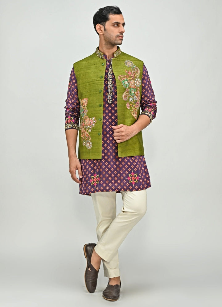 Plum Purple Printed Kurta Set with Green Jacket Set Juhi Bengani - Men - Fabilicious Fashion