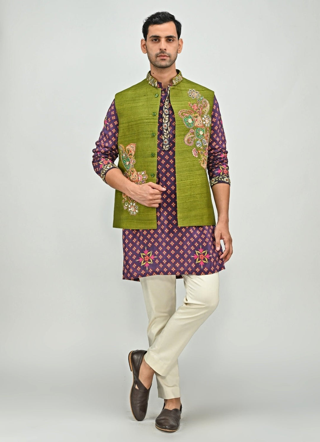 Plum Purple Printed Kurta Set with Green Jacket Set Juhi Bengani - Men - Fabilicious Fashion