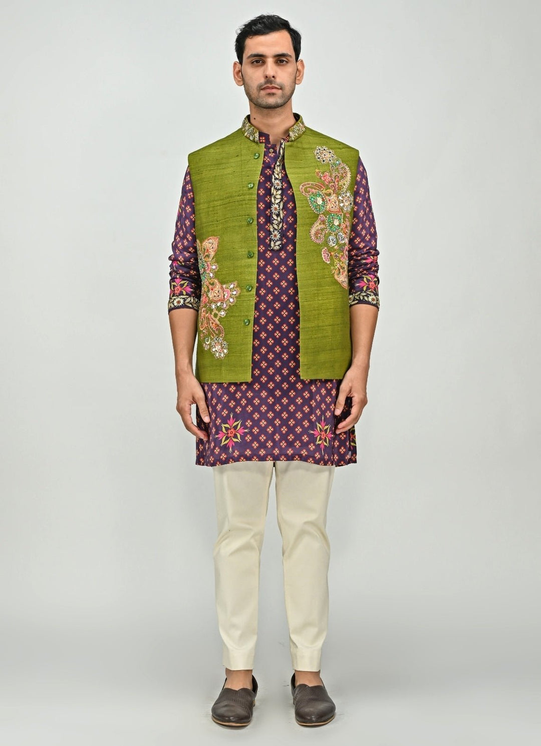 Plum Purple Printed Kurta Set with Green Jacket Set Juhi Bengani - Men - Fabilicious Fashion