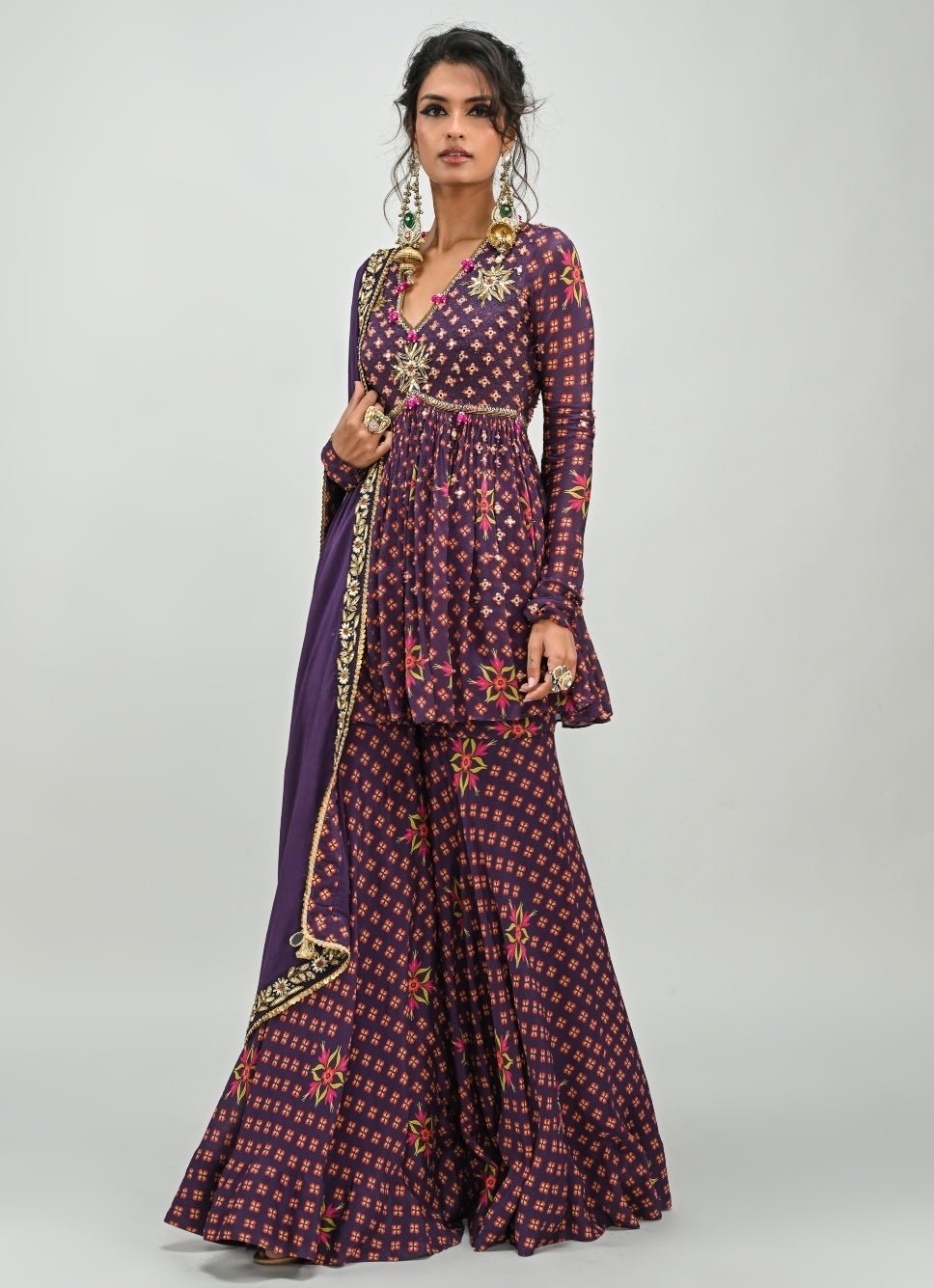Plum Purple Printed Peplum Kurta Sharara Set Juhi Bengani - Fabilicious Fashion