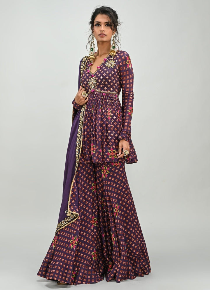 Plum Purple Printed Peplum Kurta Sharara Set Juhi Bengani - Fabilicious Fashion