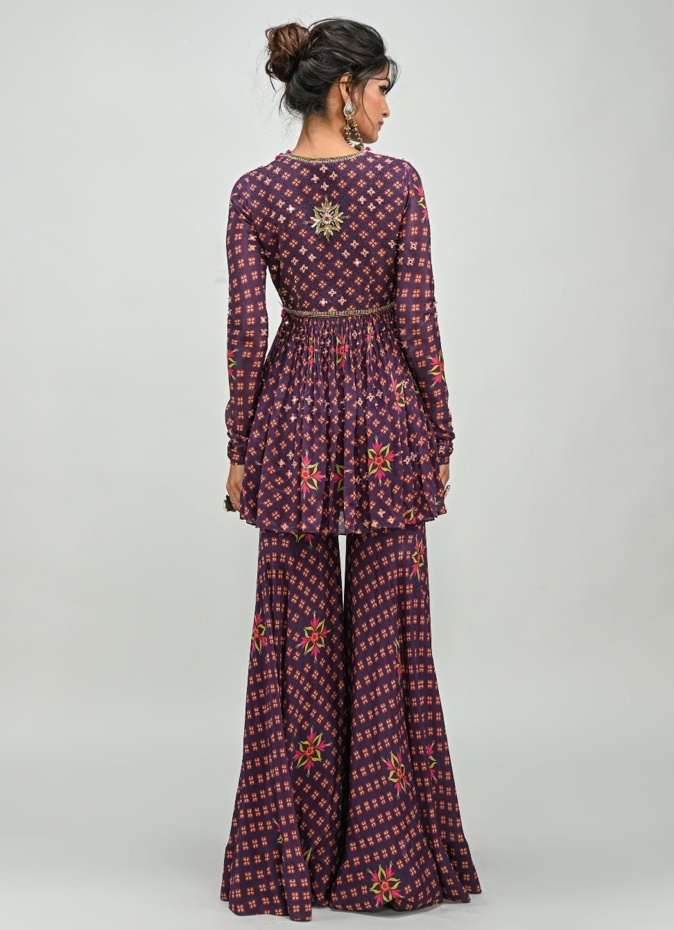 Plum Purple Printed Peplum Kurta Sharara Set Juhi Bengani - Fabilicious Fashion