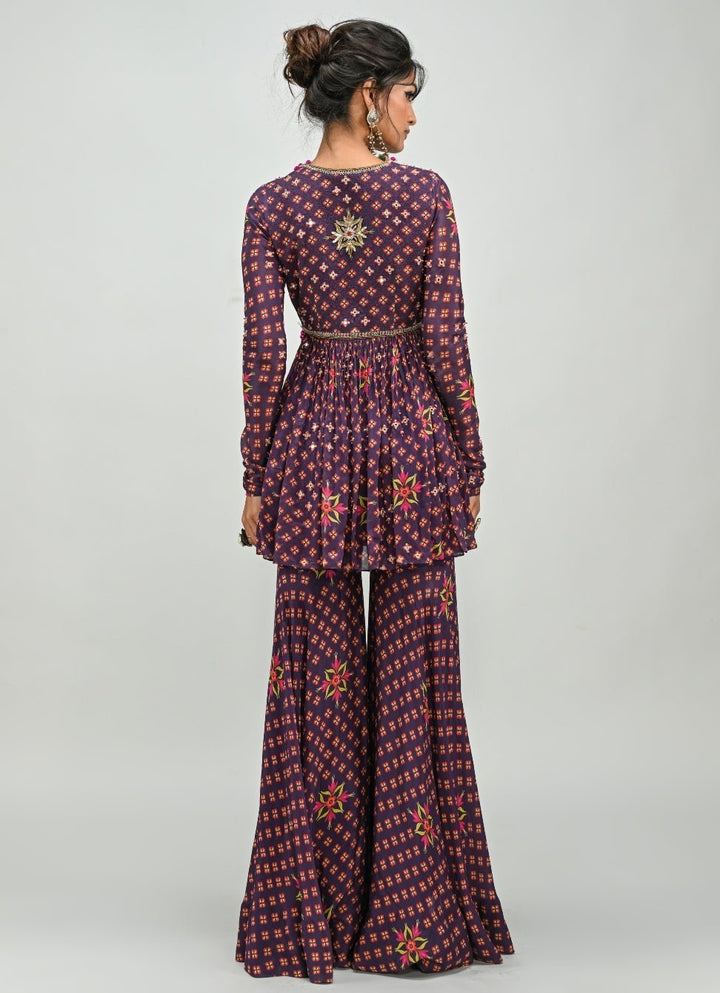 Plum Purple Printed Peplum Kurta Sharara Set Juhi Bengani - Fabilicious Fashion