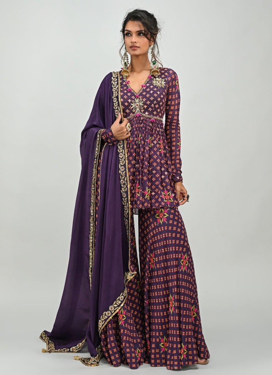 Plum Purple Printed Peplum Kurta Sharara Set Juhi Bengani - Fabilicious Fashion