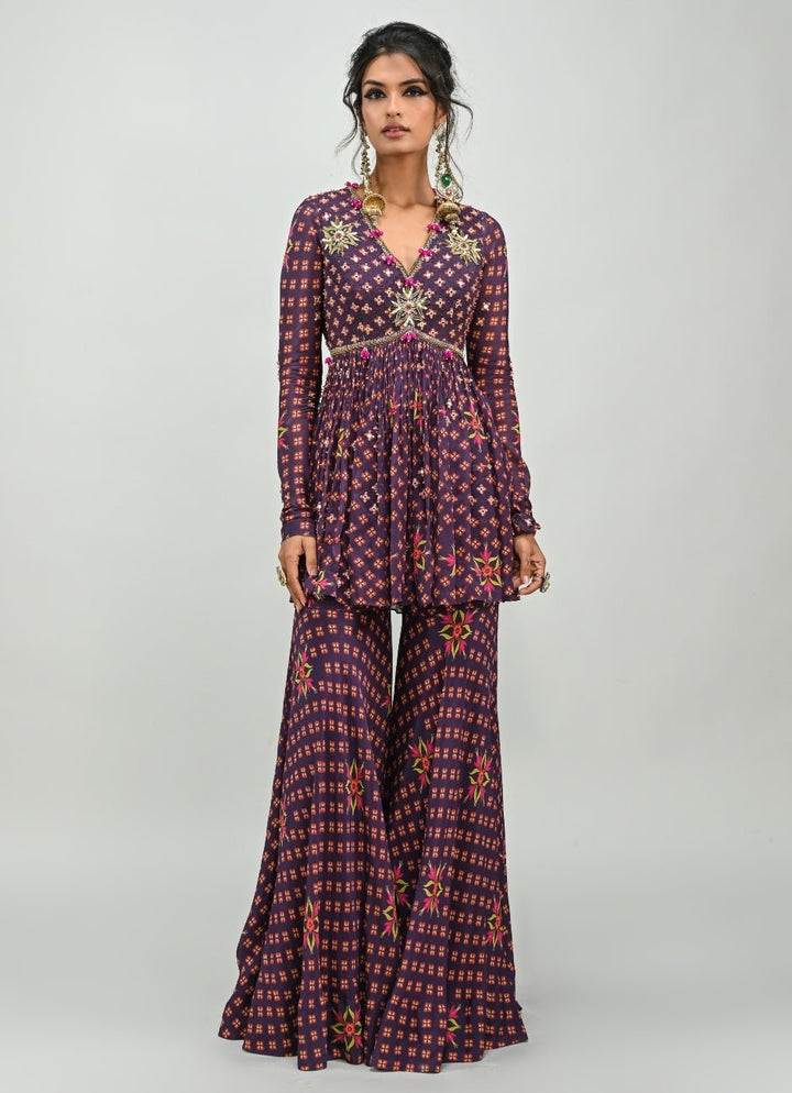 Plum Purple Printed Peplum Kurta Sharara Set Juhi Bengani - Fabilicious Fashion