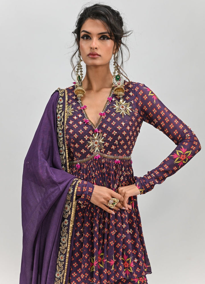 Plum Purple Printed Peplum Kurta Sharara Set Juhi Bengani - Fabilicious Fashion