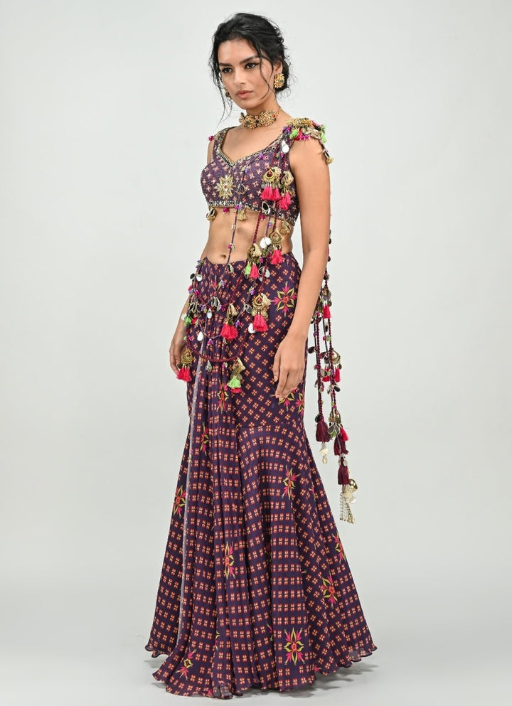 Plum Purple Printed Predraped Chinon Mermaid Saree Juhi Bengani - Fabilicious Fashion