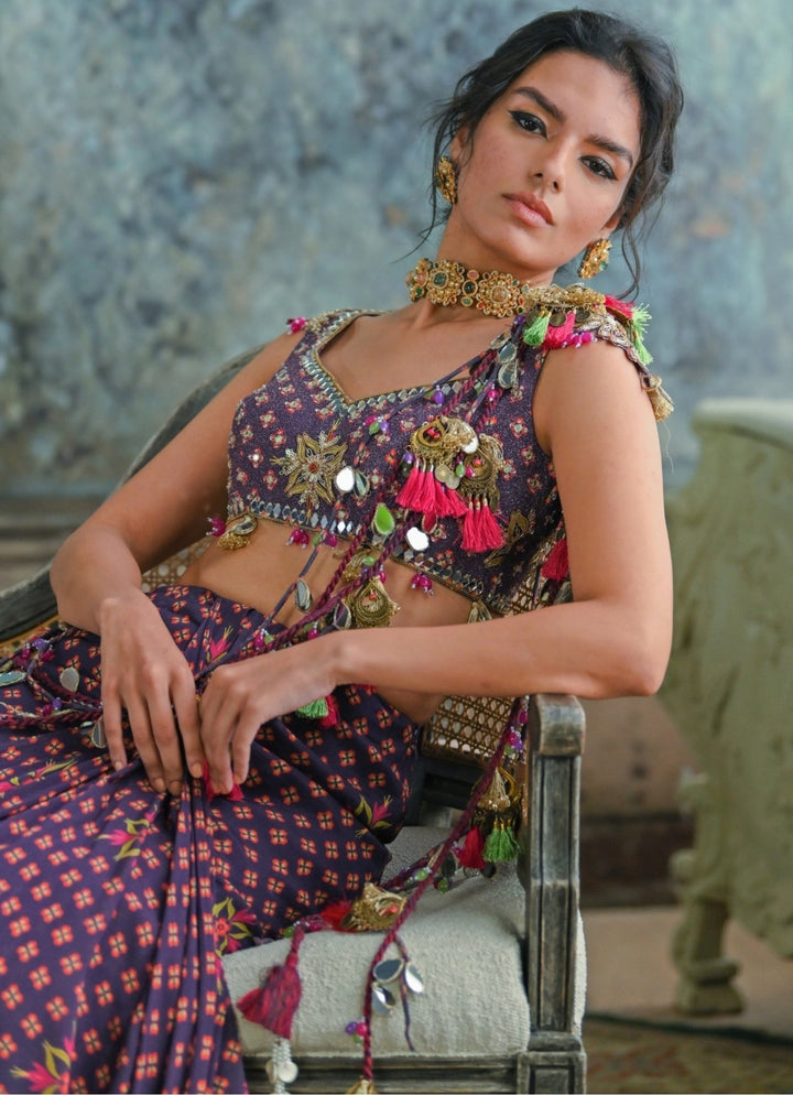 Plum Purple Printed Predraped Chinon Mermaid Saree Juhi Bengani - Fabilicious Fashion