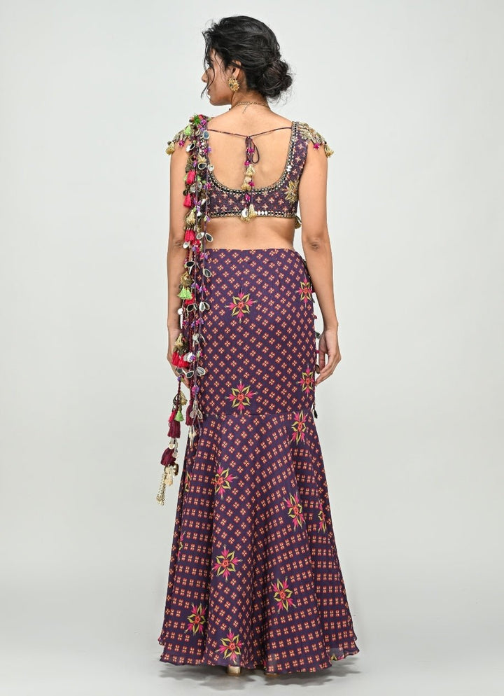 Plum Purple Printed Predraped Chinon Mermaid Saree Juhi Bengani - Fabilicious Fashion