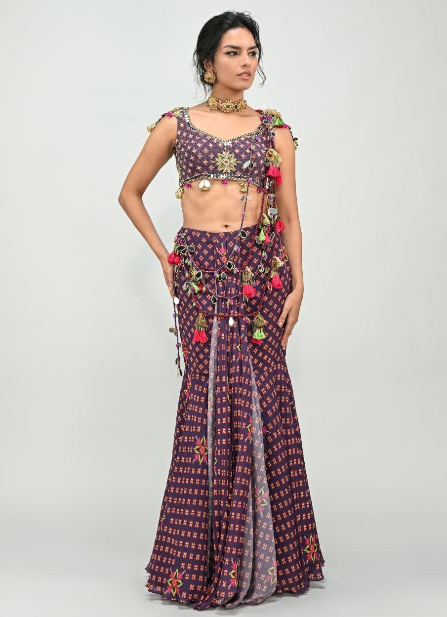 Plum Purple Printed Predraped Chinon Mermaid Saree Juhi Bengani - Fabilicious Fashion