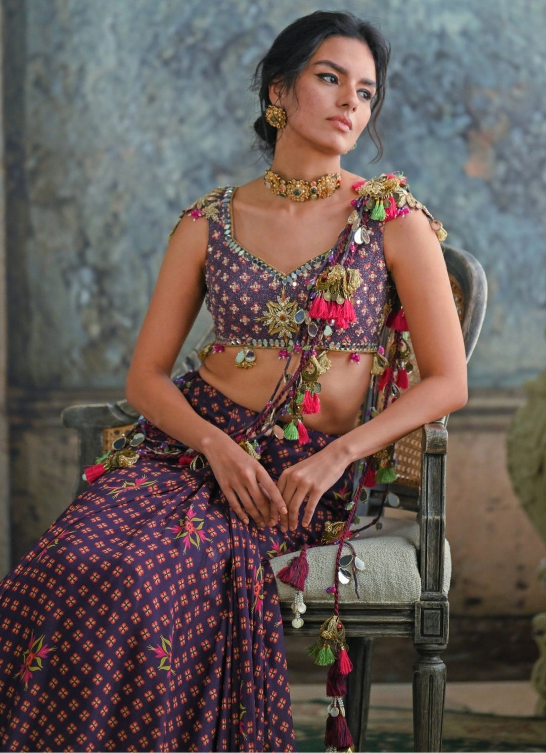 Plum Purple Printed Predraped Chinon Mermaid Saree Juhi Bengani - Fabilicious Fashion