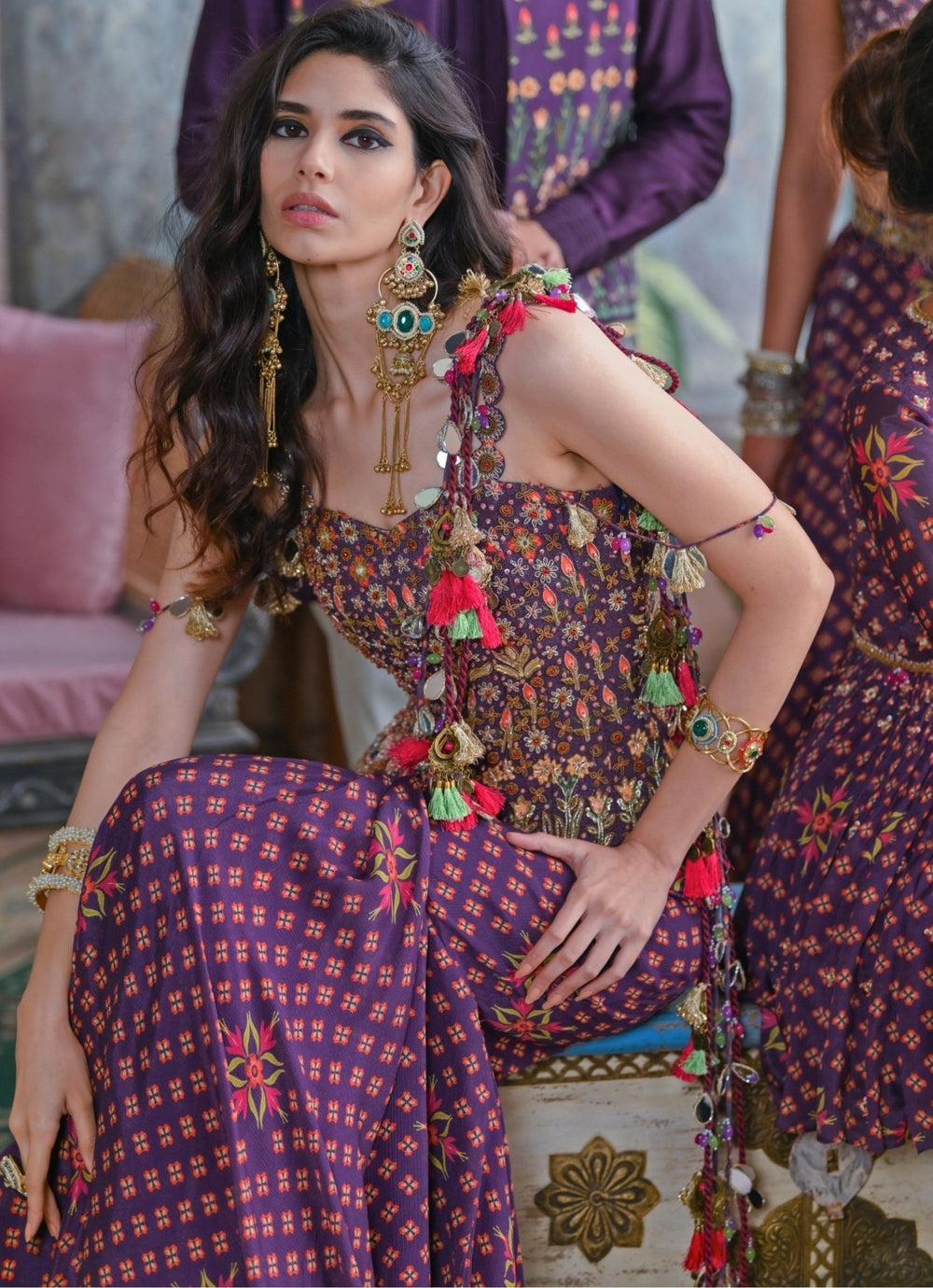 Plum Purple Printed Predraped Mermaid Saree With Corset Juhi Bengani - Fabilicious Fashion