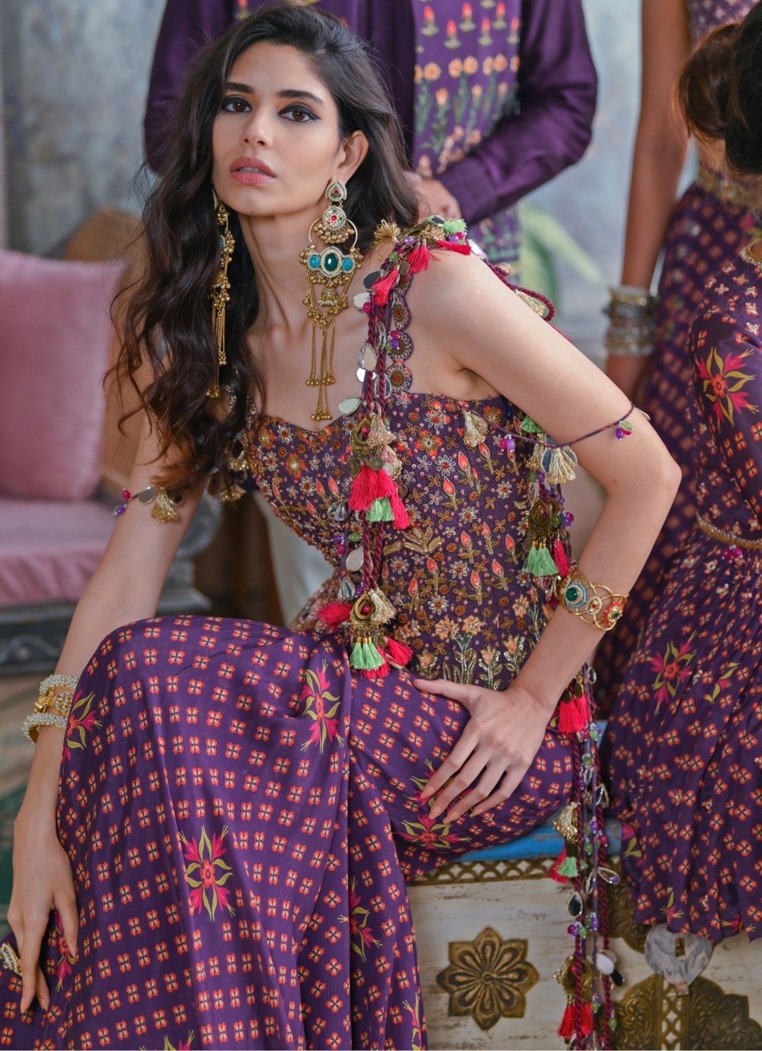 Plum purple printed pre-draped chinon corset saree for weddings by Juhi Bengani