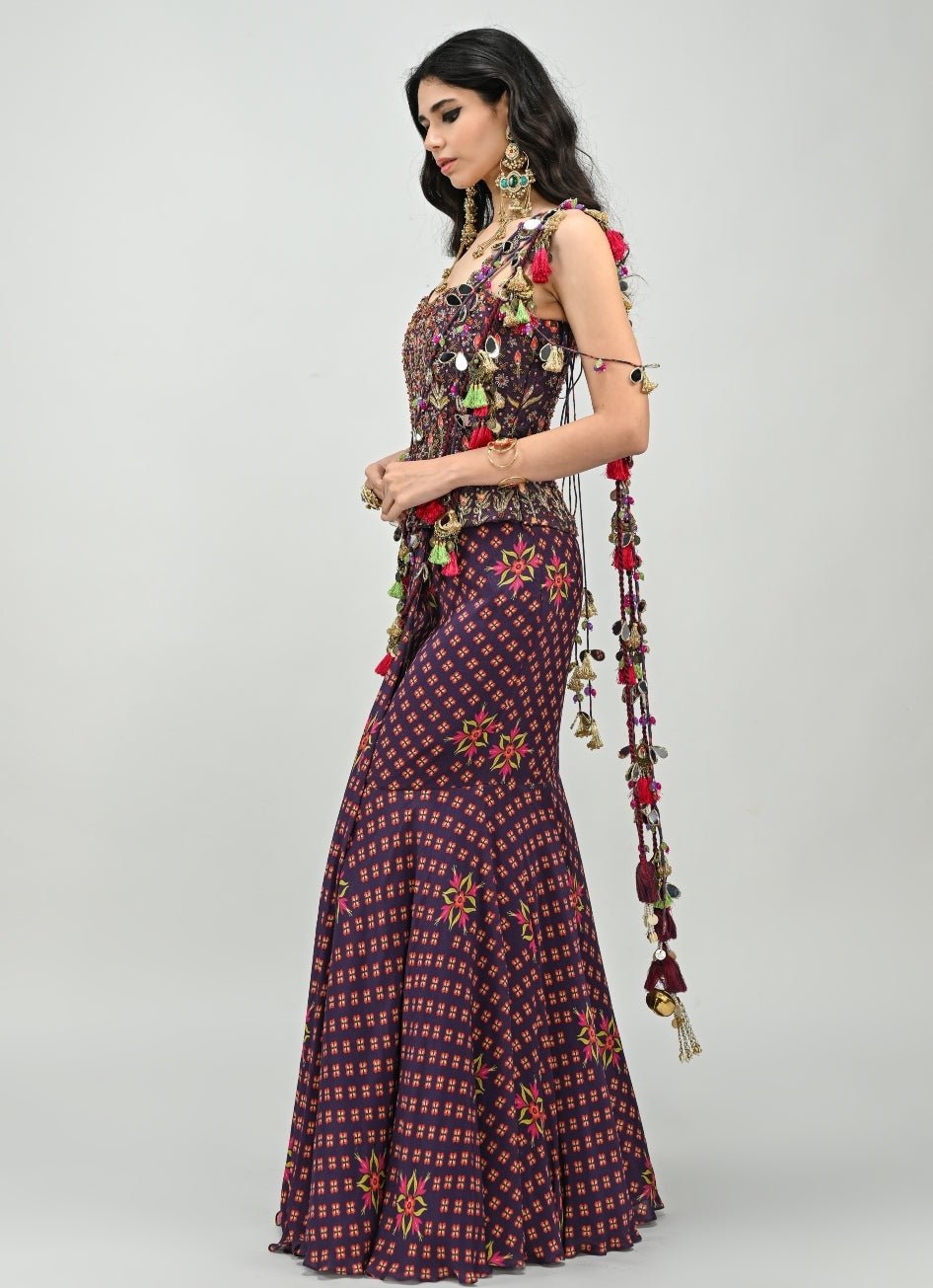 Plum Purple Printed Predraped Mermaid Saree With Corset Juhi Bengani - Fabilicious Fashion