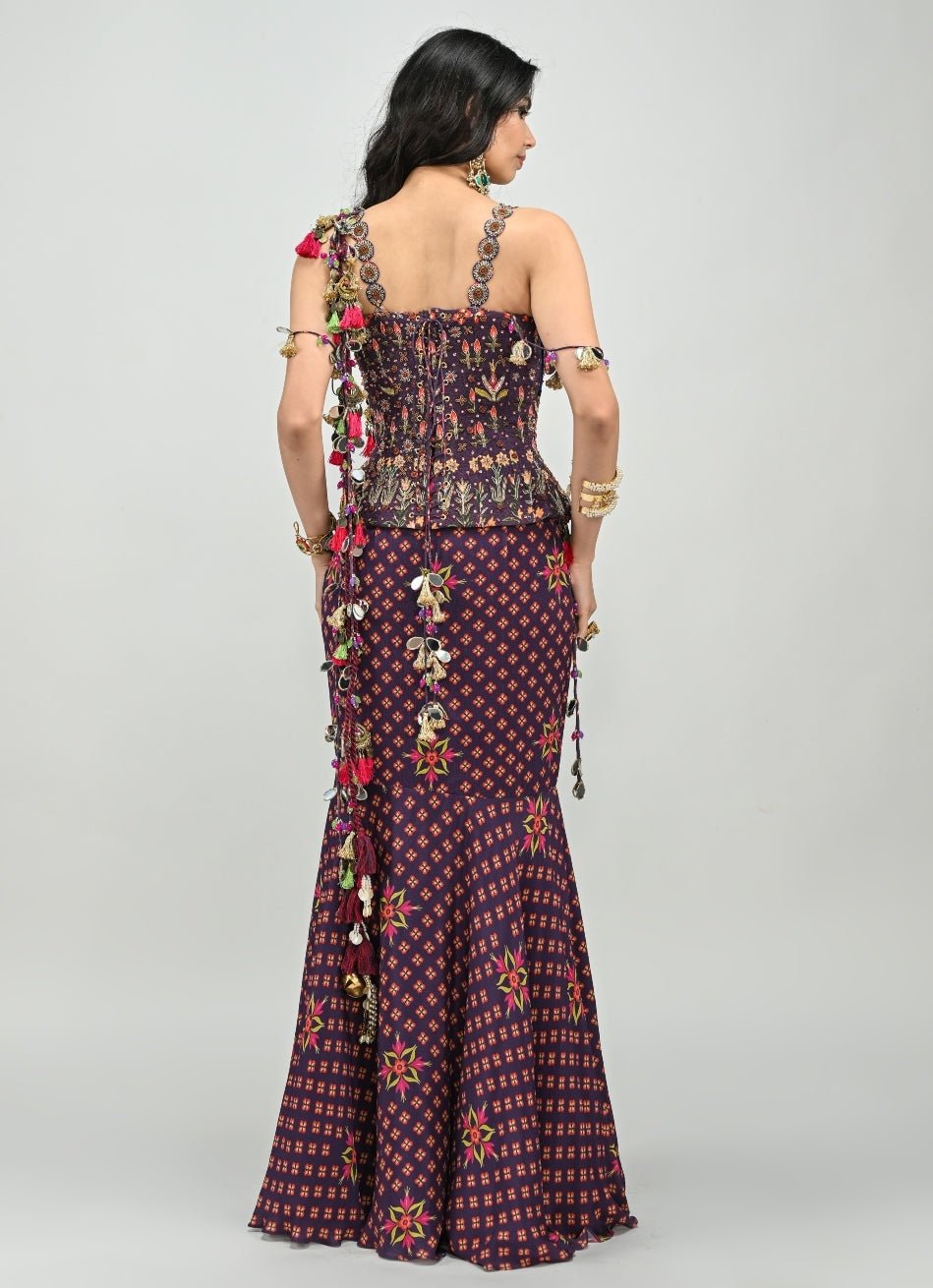 Plum Purple Printed Predraped Mermaid Saree With Corset Juhi Bengani - Fabilicious Fashion
