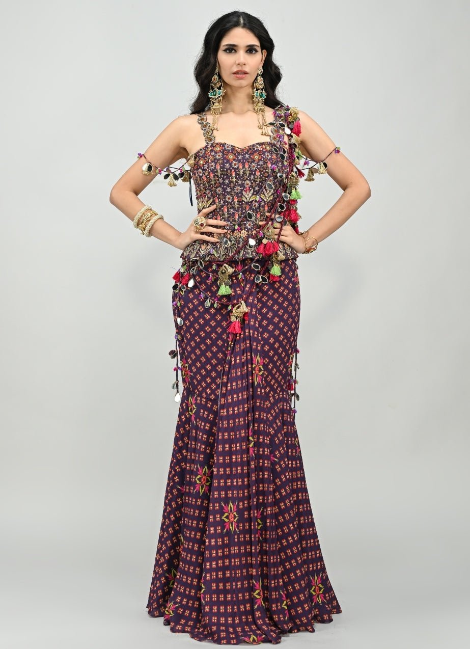 Plum Purple Printed Predraped Mermaid Saree With Corset Juhi Bengani - Fabilicious Fashion