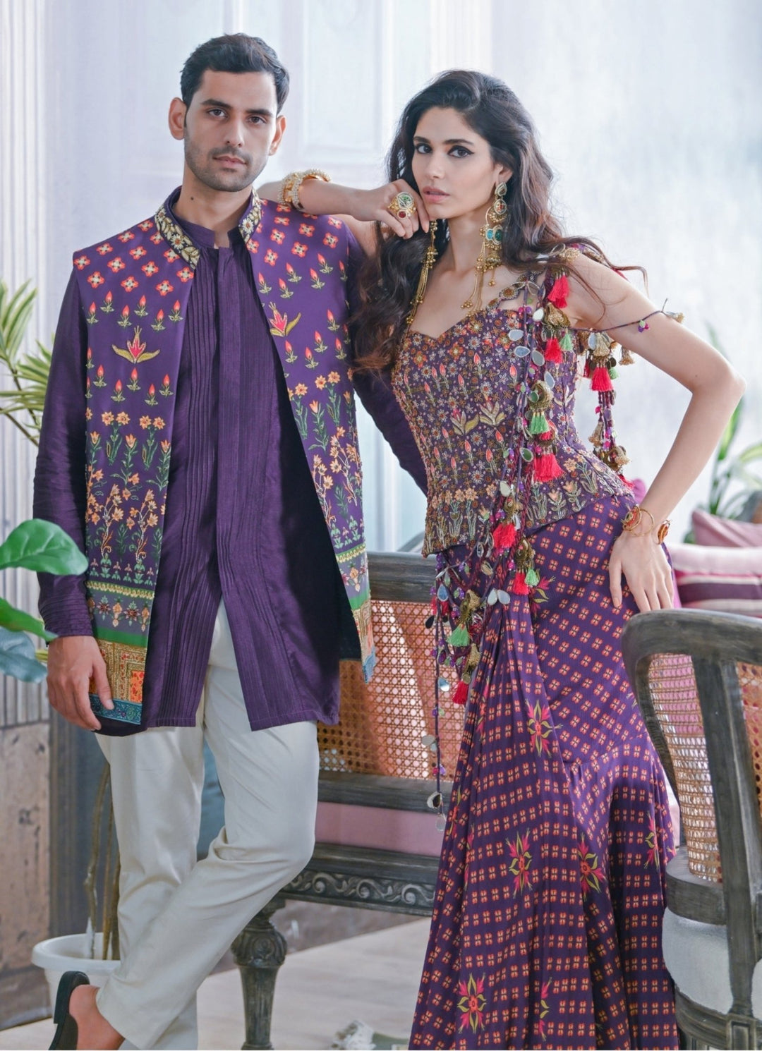 Plum Purple Printed Predraped Mermaid Saree With Corset Juhi Bengani - Fabilicious Fashion