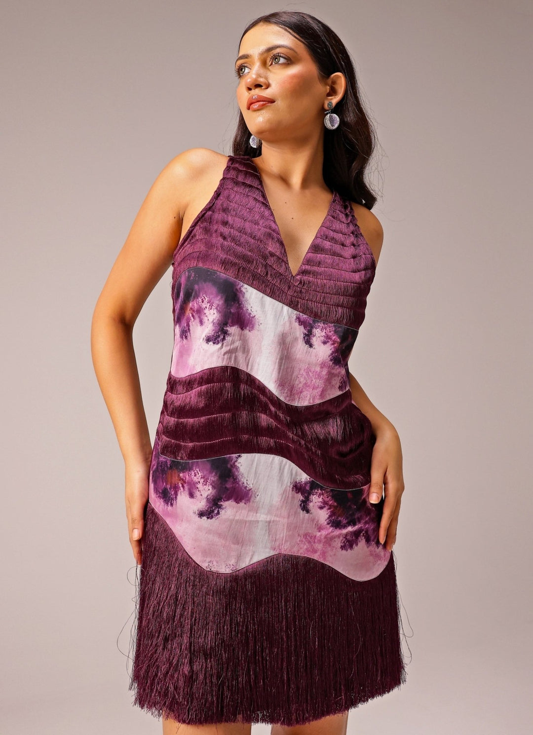 Studio Surbhi Plum Purple Printed Satin Mini DressFabilicious Fashion