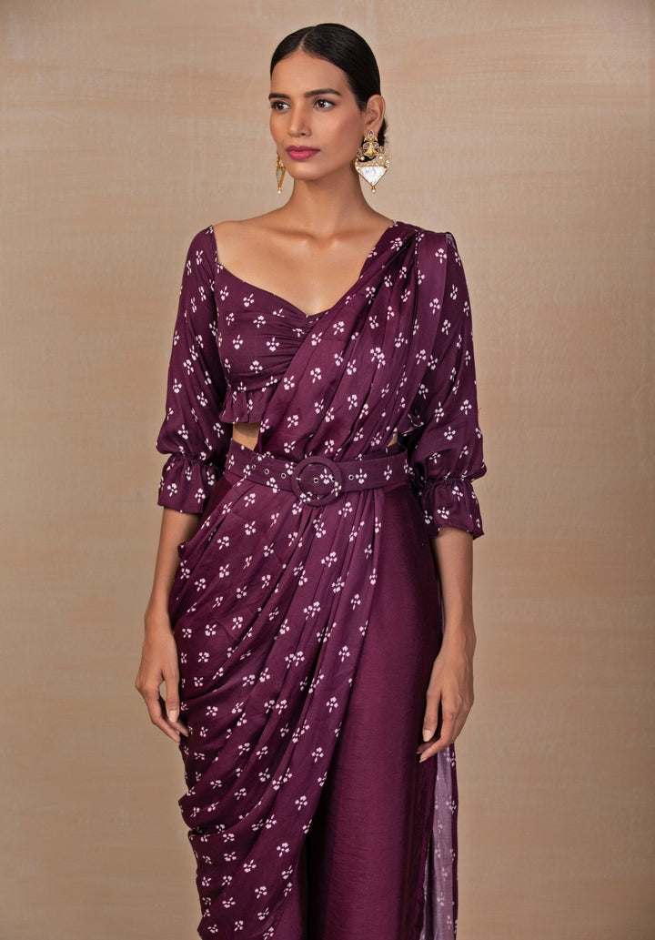 Plum Purple Printed Satin Pants Saree Esha Koul - Fabilicious Fashion
