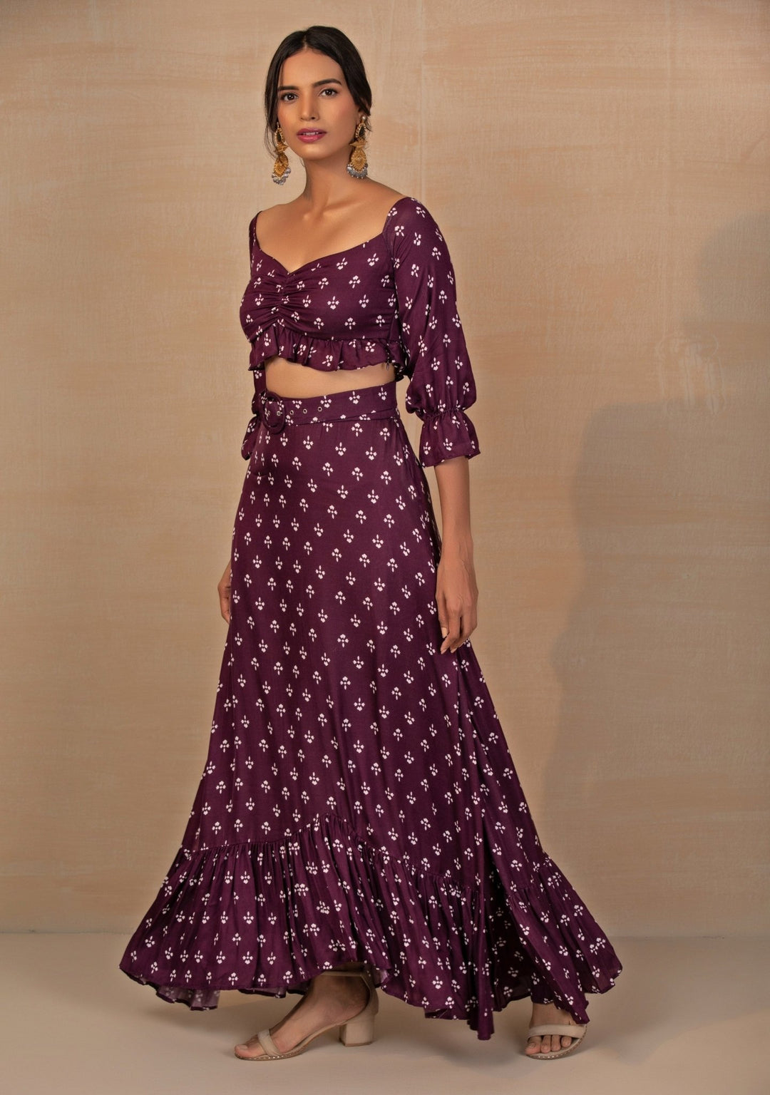 Plum Purple Printed Satin Skirt Set Esha Koul - Fabilicious Fashion