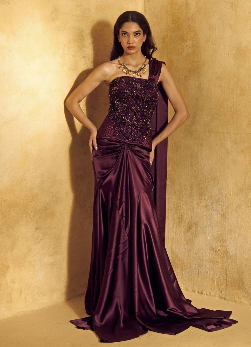 Rashika Sharma Plum Purple Satin Pre - Draped Saree With CorsetFabilicious Fashion