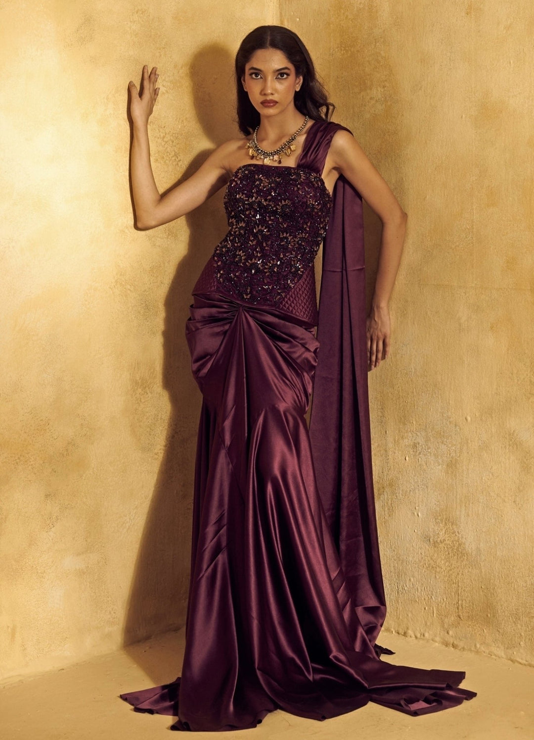 Rashika Sharma Plum Purple Satin Pre - Draped Saree With CorsetFabilicious Fashion