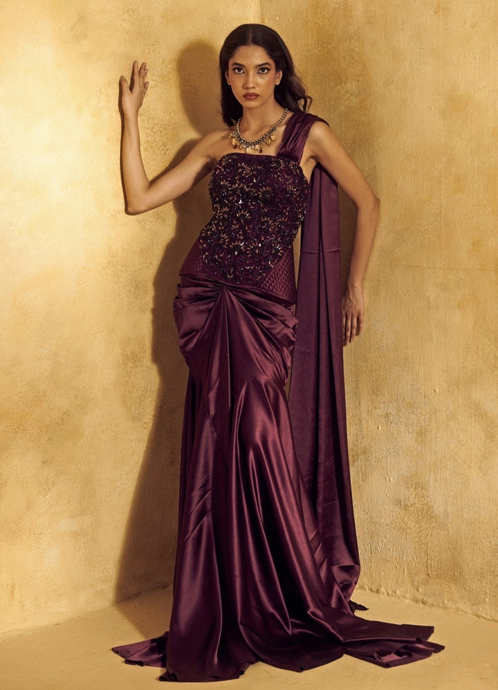 Rashika Sharma Plum Purple Satin Pre - Draped Saree With CorsetFabilicious Fashion