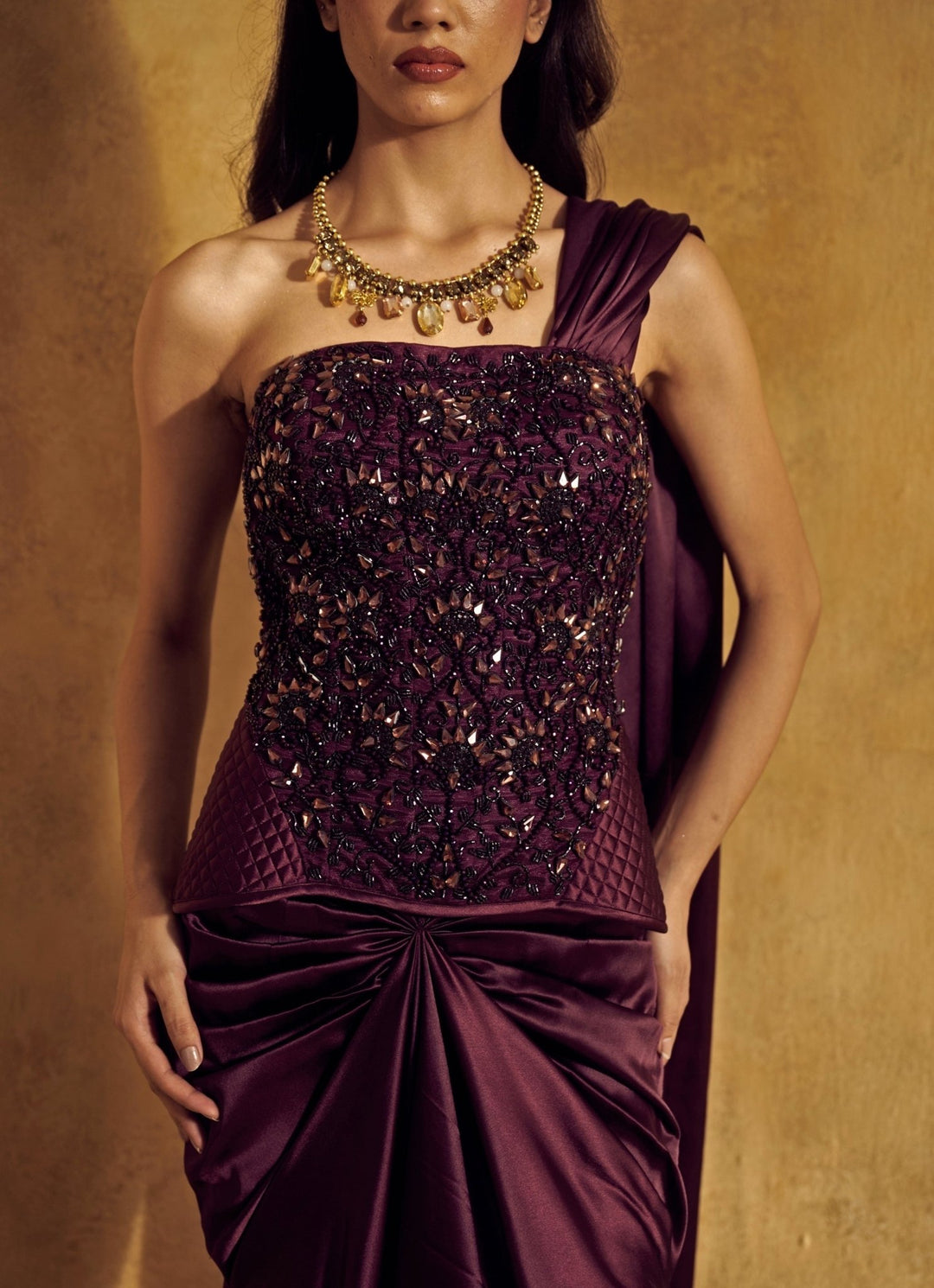 Rashika Sharma Plum Purple Satin Pre - Draped Saree With CorsetFabilicious Fashion