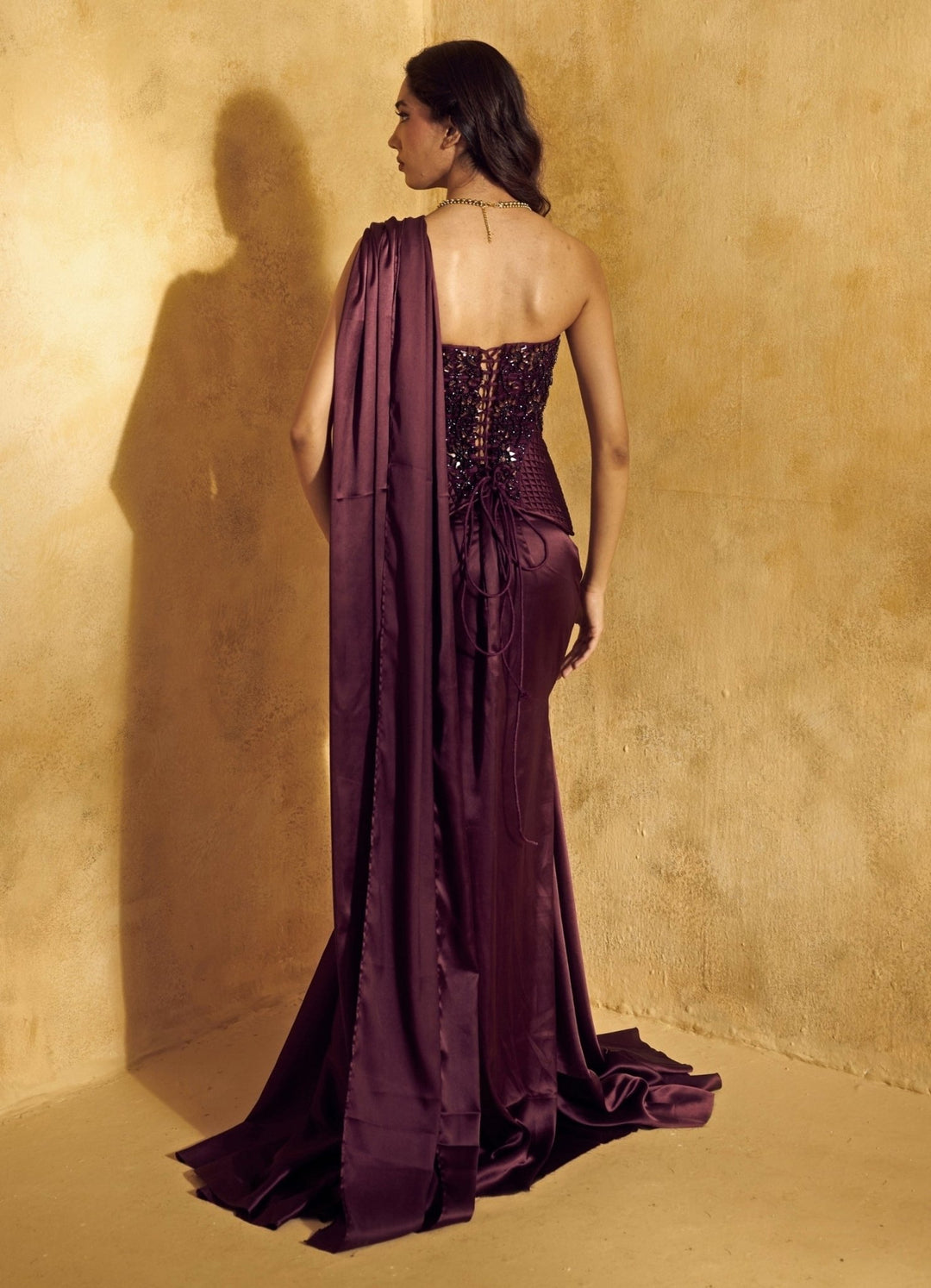 Rashika Sharma Plum Purple Satin Pre - Draped Saree With CorsetFabilicious Fashion