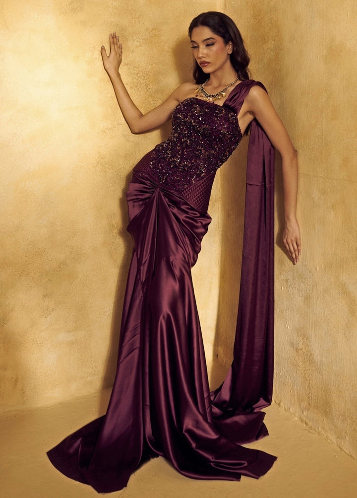Rashika Sharma Plum Purple Satin Pre - Draped Saree With CorsetFabilicious Fashion