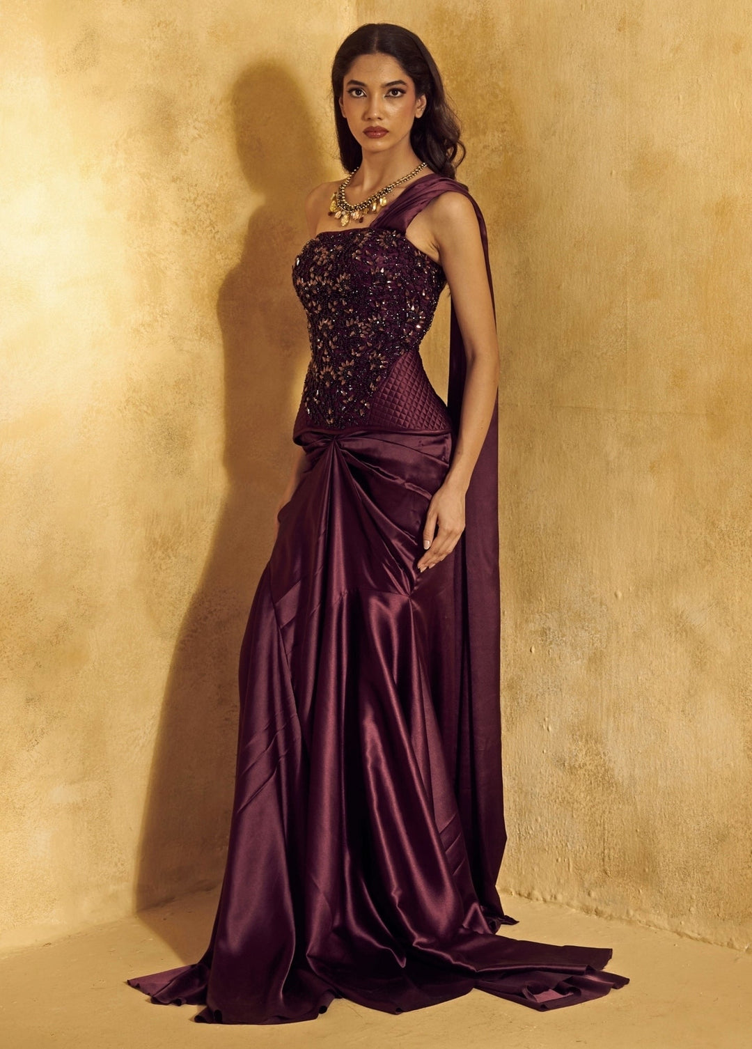 Rashika Sharma Plum Purple Satin Pre - Draped Saree With CorsetFabilicious Fashion