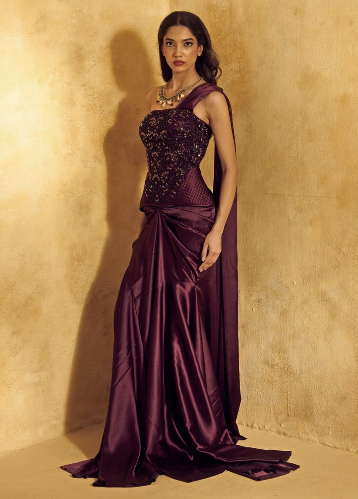 Rashika Sharma Plum Purple Satin Pre - Draped Saree With CorsetFabilicious Fashion