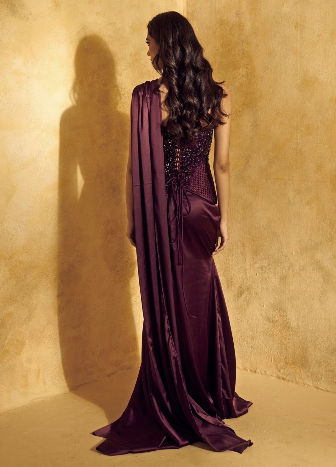 Rashika Sharma Plum Purple Satin Pre - Draped Saree With CorsetFabilicious Fashion