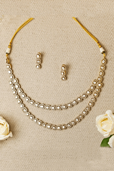 Polki 2 Line Earring and Necklace Zevar by Geeta - Fabilicious Fashion