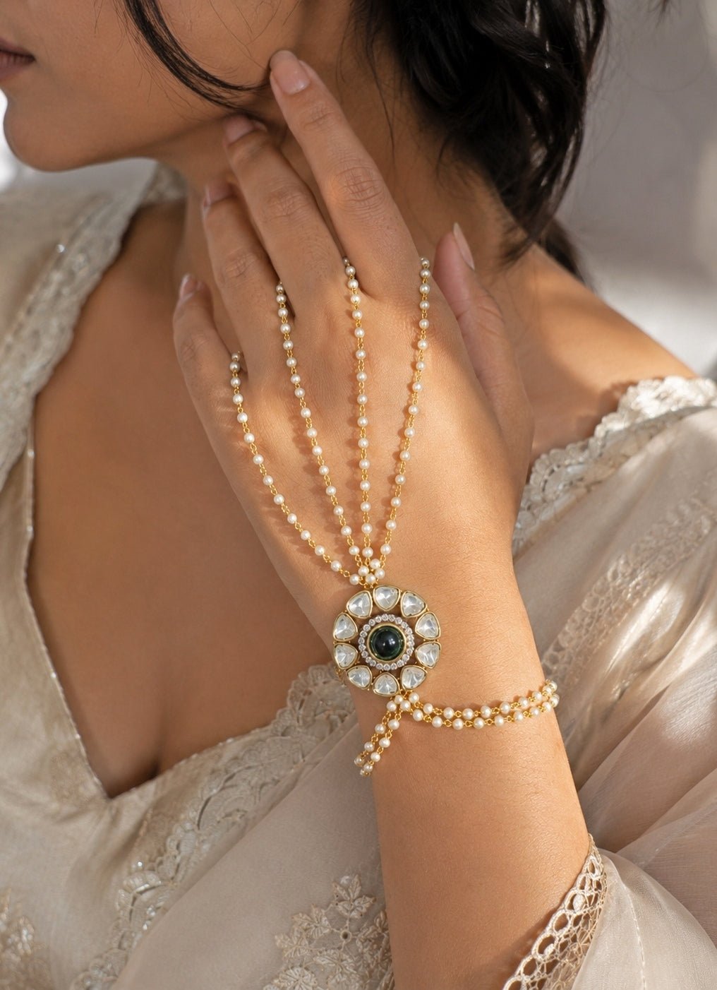 Vivinia By Vidhi Mehra Polki And Pearl Floral Haathphool BraceletFabilicious Fashion