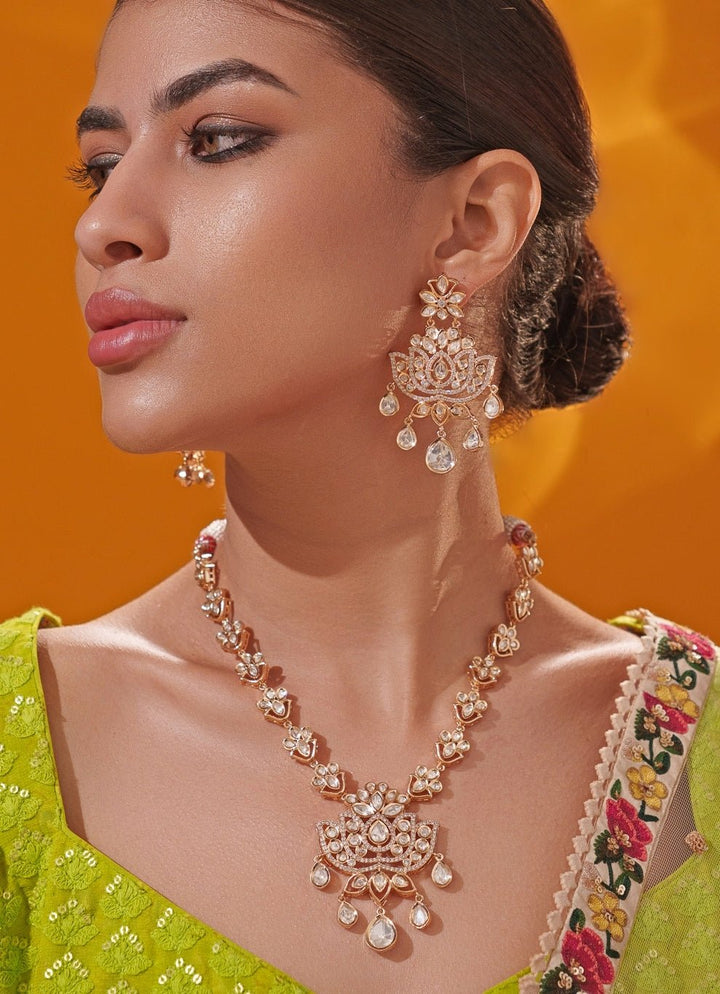 Polki And Pearl Gold Long Necklace Set Zevar by Geeta - Fabilicious Fashion