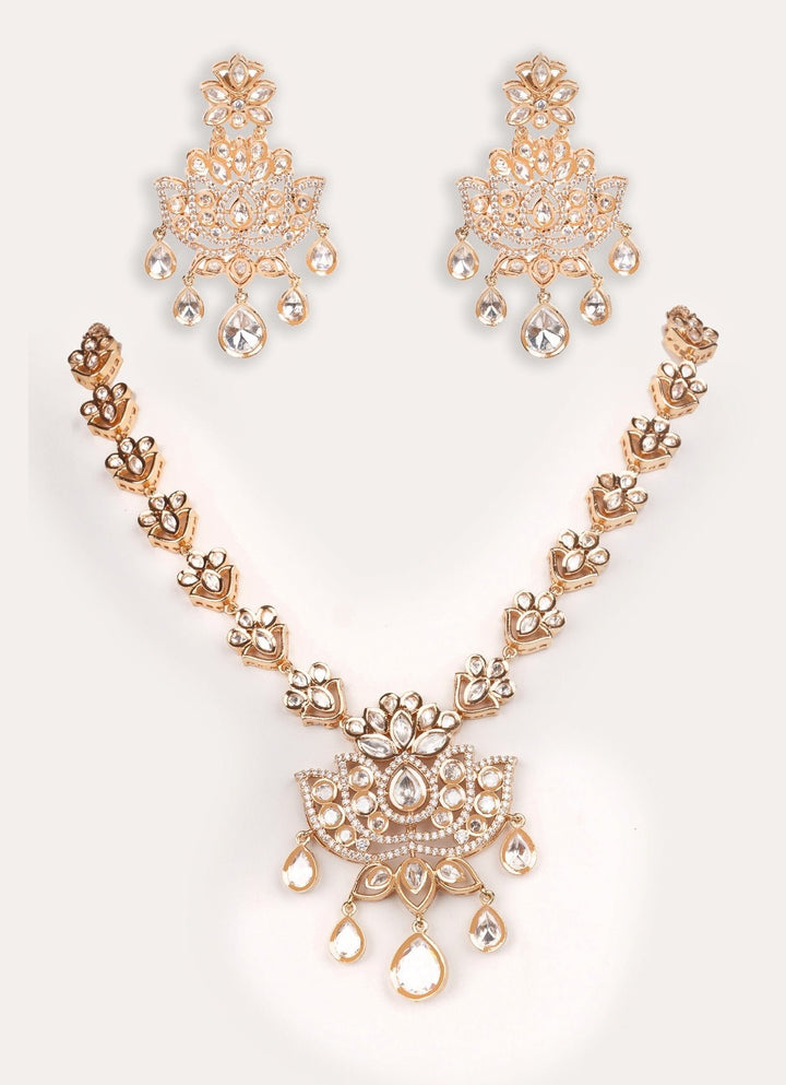 Polki And Pearl Gold Long Necklace Set Zevar by Geeta - Fabilicious Fashion