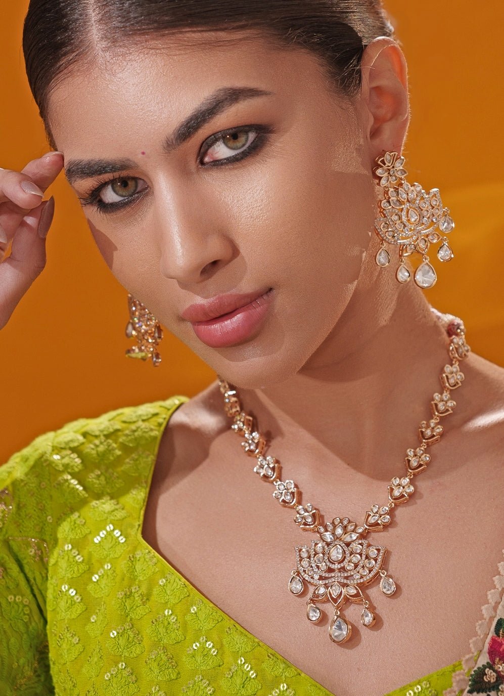 Polki And Pearl Gold Long Necklace Set Zevar by Geeta - Fabilicious Fashion