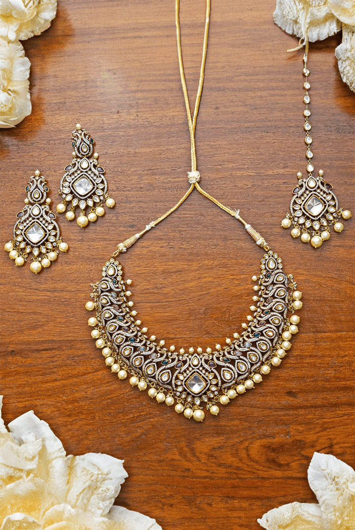 Polki and Pearl Necklace Set Zevar by Geeta - Fabilicious Fashion