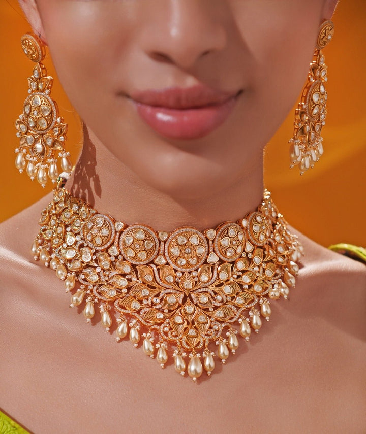 Polki Embellished Bridal Gold Necklace Set Zevar by Geeta - Fabilicious Fashion