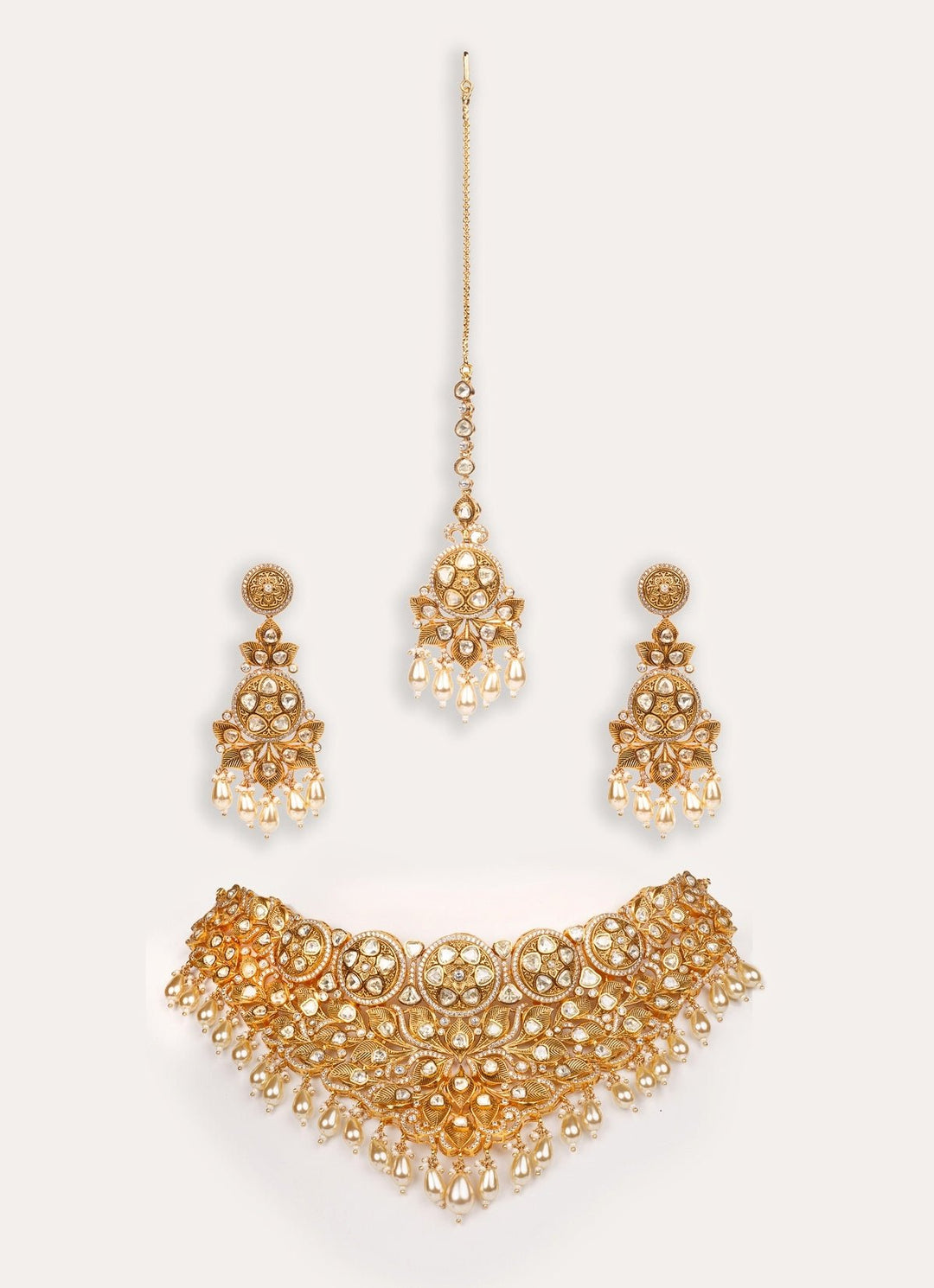 Polki Embellished Bridal Gold Necklace Set Zevar by Geeta - Fabilicious Fashion