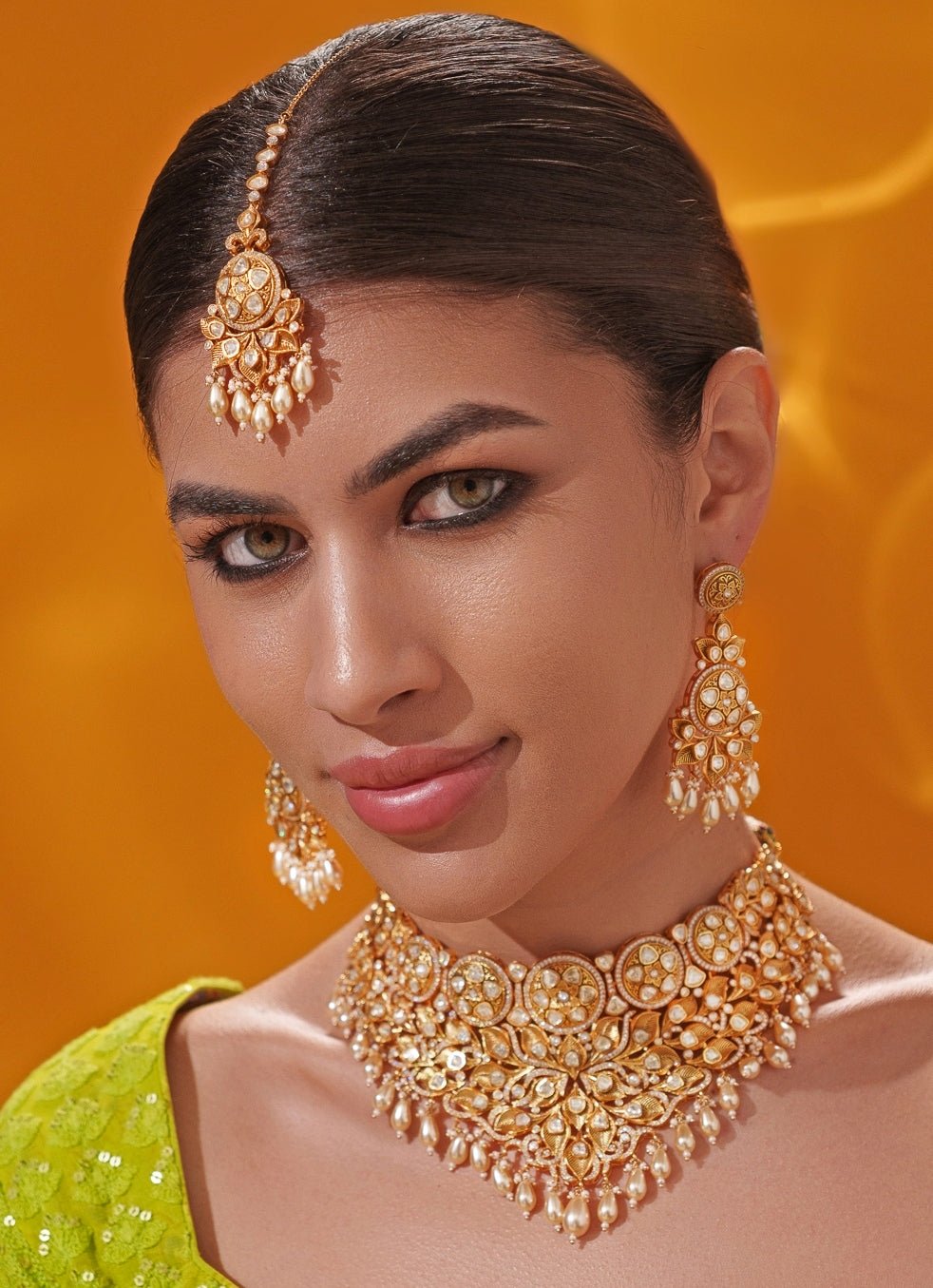Polki Embellished Bridal Gold Necklace Set Zevar by Geeta - Fabilicious Fashion