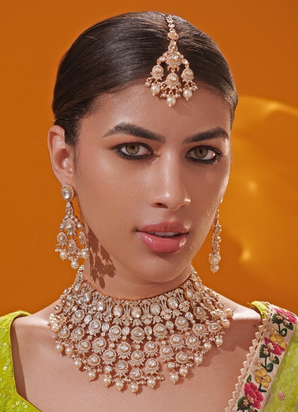 Polki Embellished Gold Bridal Necklace Set Zevar by Geeta - Fabilicious Fashion